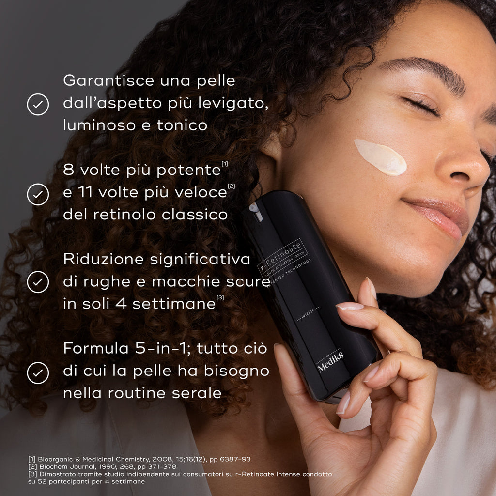 Persona con una striscia di crema sulla guancia che tiene un flacone di Medik8 r-Retinoate Intense. Le affermazioni indicano 8 volte più potente e 11 volte più veloce del retinolo classico, con riduzione drastica di rughe e macchie scure in 4 settimane.