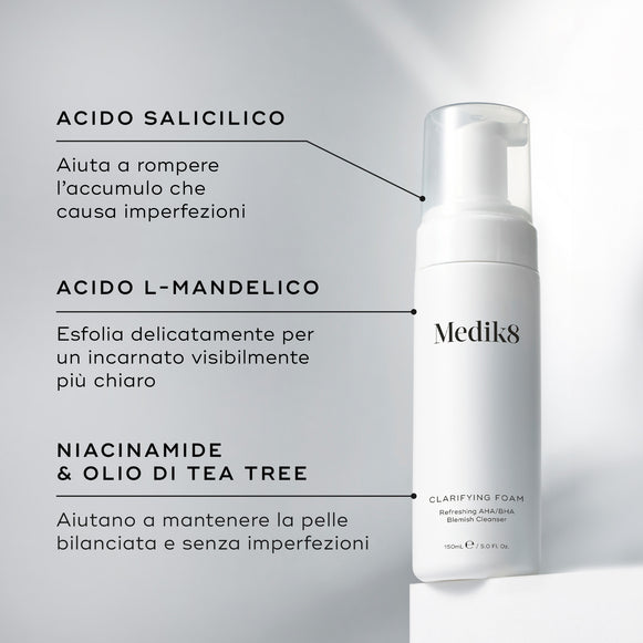 Flacone con erogatore di Medik8 Clarifying Foam posizionato su un blocco bianco su uno sfondo grigio pulito. Il testo evidenzia gli ingredienti chiave: Acido Salicilico per eliminare le impurità che causano le imperfezioni, L-Mandelic Acid per una delicata esfoliazione e un incarnato purificato, e Niacinamide & Olio di Tea Tree per aiutare a mantenere la pelle equilibrata e senza imperfezioni.-hover-22