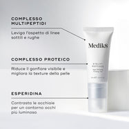 Tubo bianco di Eyelift Peptides in primo piano. Testi in evidenza indicano gli ingredienti chiave: COMPLESSO MULTI-PEPTIDI, COMPLESSO PROTEICO, HESPERIDINA.
