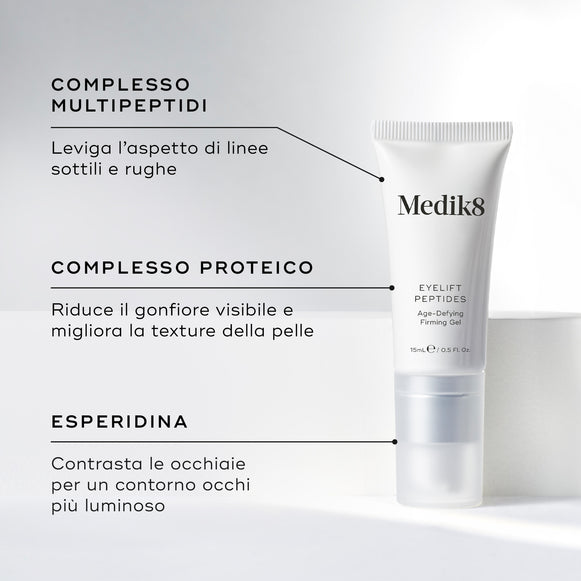 Tubo bianco di Eyelift Peptides in primo piano. Testi in evidenza indicano gli ingredienti chiave: COMPLESSO MULTI-PEPTIDI, COMPLESSO PROTEICO, HESPERIDINA.-hover-25