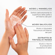Due mani che fanno schiumare il detergente accanto a un testo che evidenzia gli ingredienti chiave. Tra i punti principali: L-Mandelic Acid per esfoliare, Acido Salicilico per rimuovere le impurità e Estratto di Trifoglio Rosso per ridurre l’eccesso di sebo.
