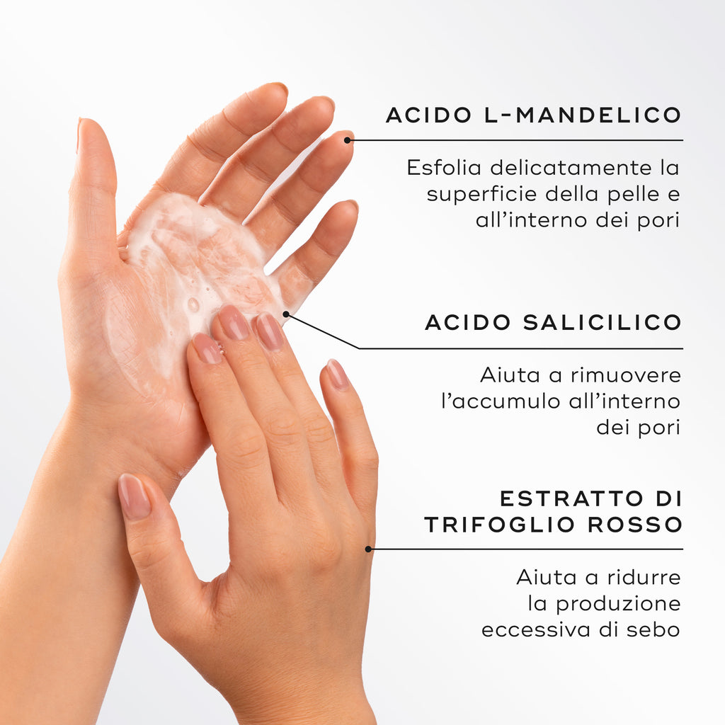 Due mani che fanno schiumare il detergente accanto a un testo che evidenzia gli ingredienti chiave. Tra i punti principali: L-Mandelic Acid per esfoliare, Acido Salicilico per rimuovere le impurità e Estratto di Trifoglio Rosso per ridurre l’eccesso di sebo.