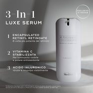 Flacone del siero lussuoso 3-in-1 Medik8 r-Retinoate con dettagli del prodotto su uno sfondo grigio.