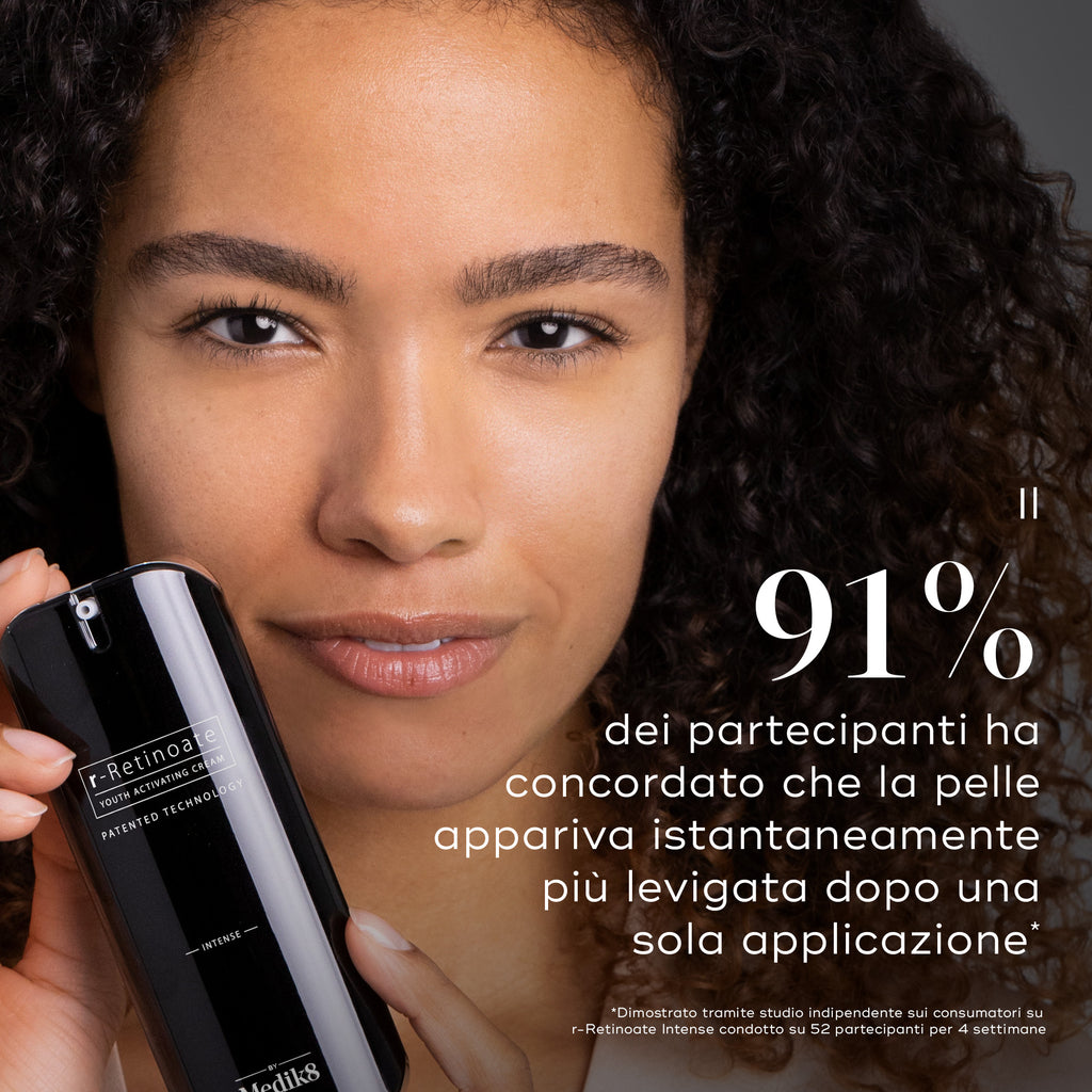 Persona che tiene un flacone di Medik8 r-Retinoate Intense. Il testo indica che il 91% dei partecipanti ha concordato che la pelle appariva visibilmente più liscia dopo una sola applicazione.