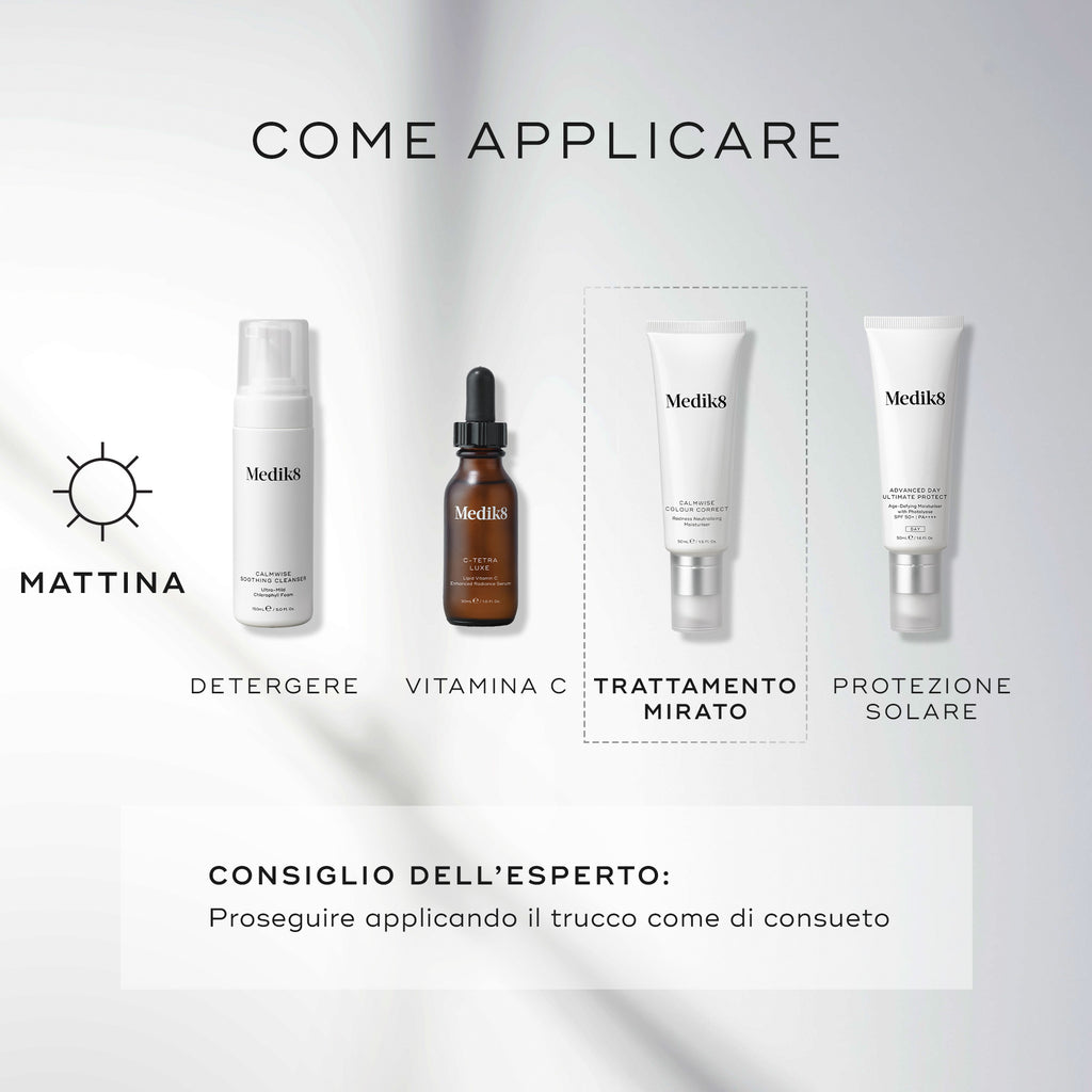 Diagramma “COME FARE STRATI” per la routine skincare del mattino. Include DETERGERE (Calmwise Soothing Cleanser), VITAMINA C (C-Tetra Luxe), TRATTAMENTO MIRATO (Calmwise Colour Correct) e PROTEZIONE SOLARE (Advanced Day Ultimate Protect).