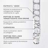 Primo piano del siero Liquid Peptides all’interno di una pipetta. Testi in evidenza indicano gli ingredienti chiave: MATRIXYL® 3000, PEPTIDE DI RAME MIRATO, CARNOSINA, PEPTIDE PER LINEE D’ESPRESSIONE.
