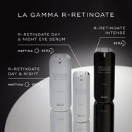 Esposizione della GAMMA R-RETINOATE. Include r-RETINOATE DAY & NIGHT EYE SERUM, r-RETINOATE DAY & NIGHT e r-RETINOATE INTENSE. Tutti i flaconi presentano TECNOLOGIA BREVETTATA.