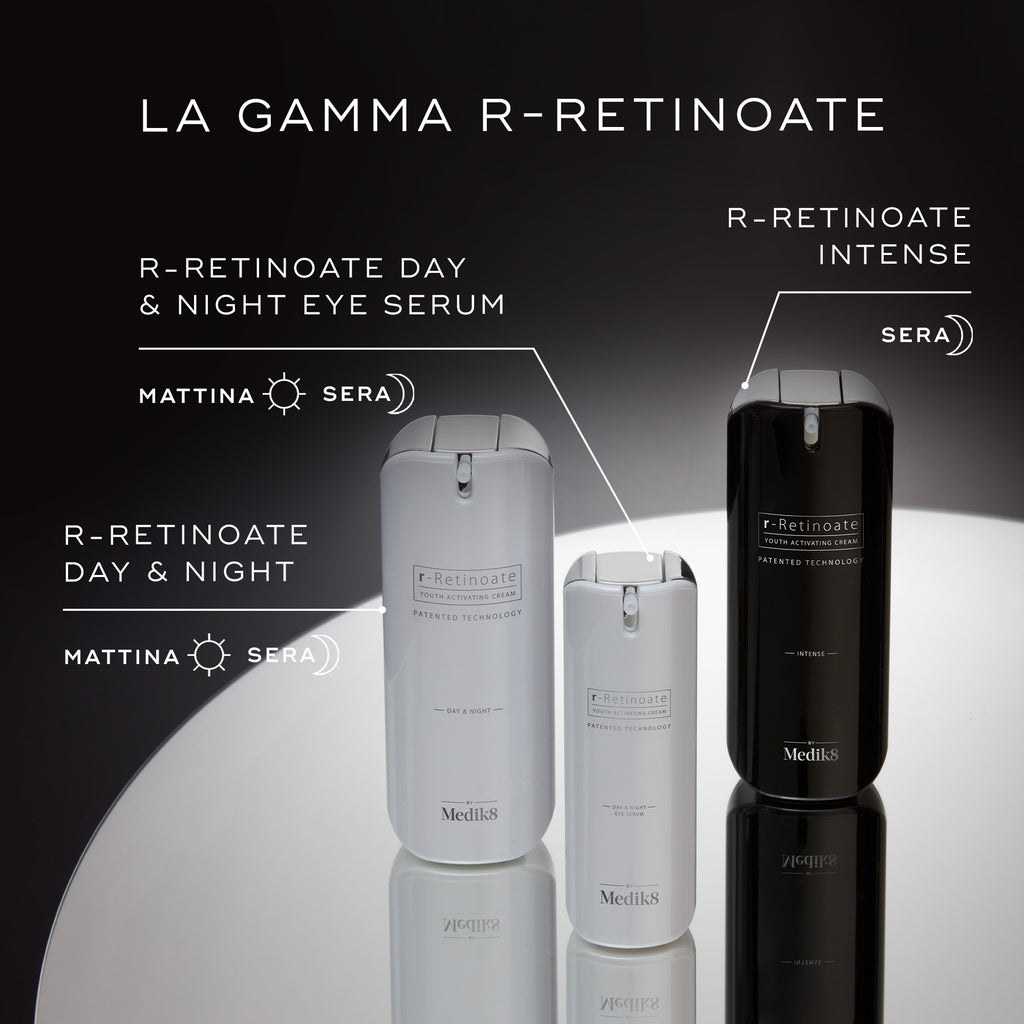 Esposizione della GAMMA R-RETINOATE. Include r-RETINOATE DAY & NIGHT EYE SERUM, r-RETINOATE DAY & NIGHT e r-RETINOATE INTENSE. Tutti i flaconi presentano TECNOLOGIA BREVETTATA.