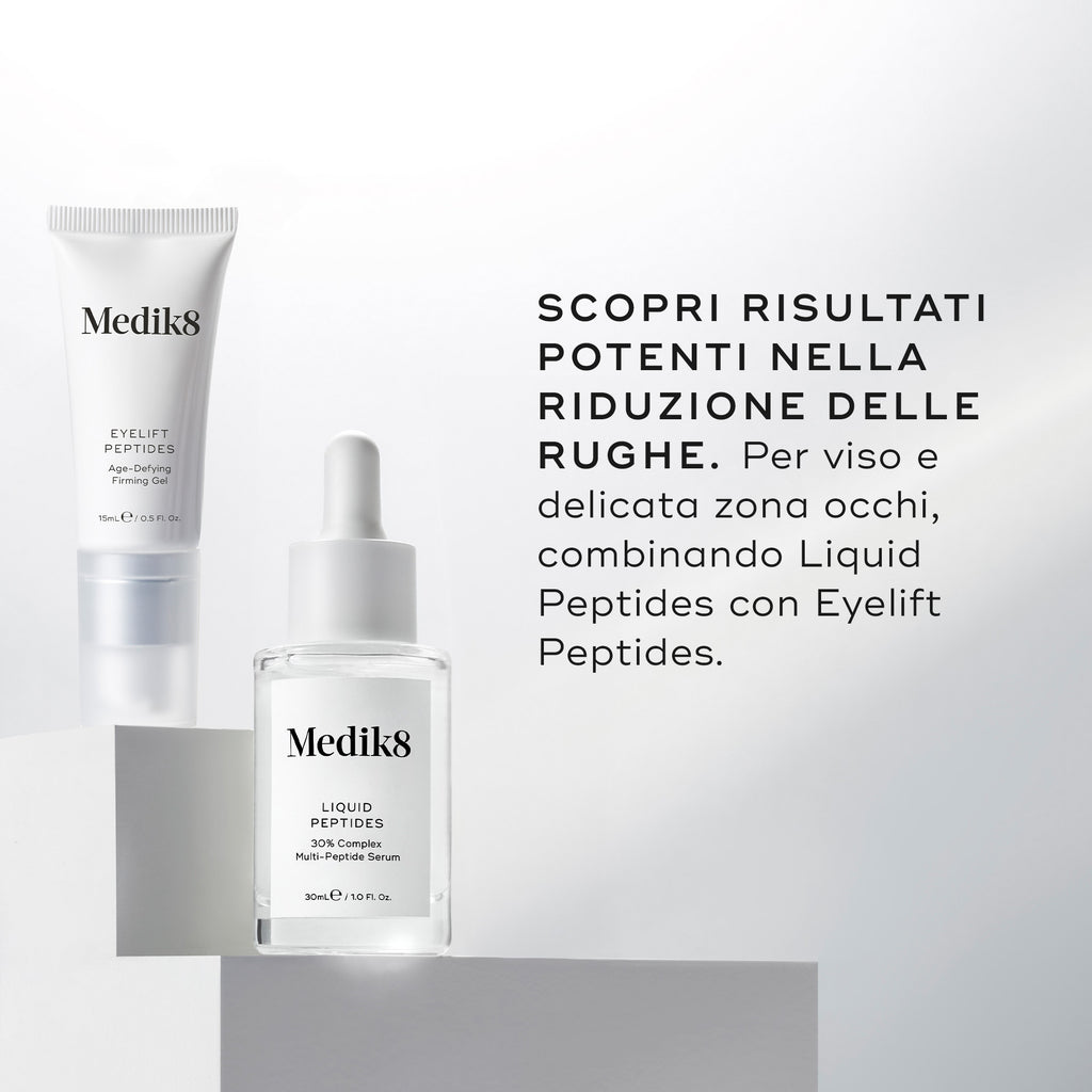 Flacone trasparente in vetro di siero Liquid Peptides e tubo di Eyelift Peptides mostrati insieme. Il testo recita SCOPRI POTENTI RISULTATI RIDUCENTI LE RUGHE per viso e delicata area occhi abbinando Liquid Peptides a Eyelift Peptides.