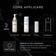 Infografica intitolata “COME FARE STRATI” che mostra una routine serale: Medik8 Lipid-Balance Cleansing Oil per DETERGERE, Press & Glow per TONIFICARE, r-Retinoate Eye per GLI OCCHI e r-Retinoate Intense per VITAMINA A. Il consiglio dell’esperto sottolinea di indossare sempre la protezione solare la mattina successiva.
