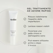 Elenco dei principali benefici di Medik8 Blemish SOS su sfondo bianco.