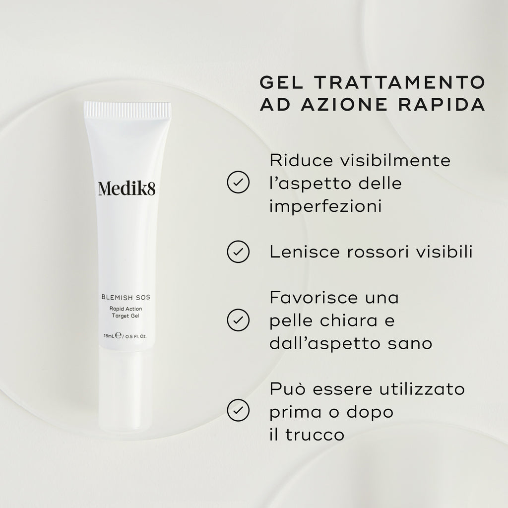 Elenco dei principali benefici di Medik8 Blemish SOS su sfondo bianco.