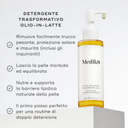 Il flacone di Lipid-Balance Cleansing Oil è posizionato su un blocco bianco. Il testo elenca i benefici, tra cui rimuovere il trucco pesante, supportare la barriera lipidica e agire come un detergente trasformante da olio a latte.