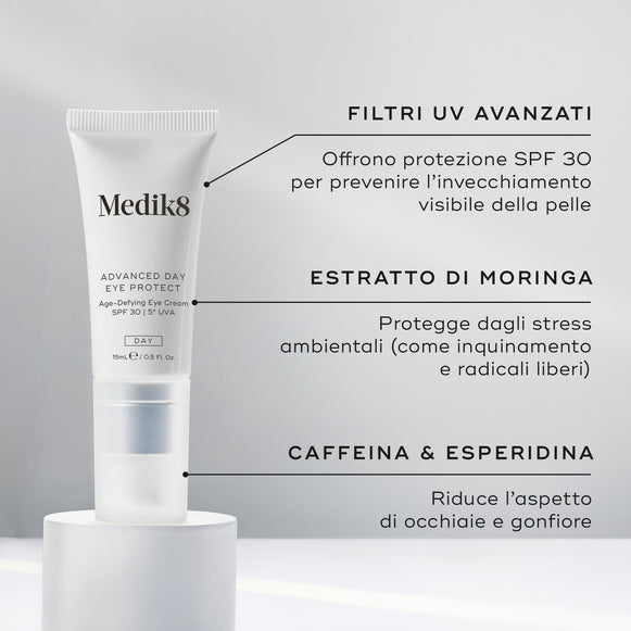 Tubo di crema contorno occhi Medik8 con testo sui filtri UV avanzati, protezione SPF 30 e ingredienti su sfondo grigio.
-hover-29