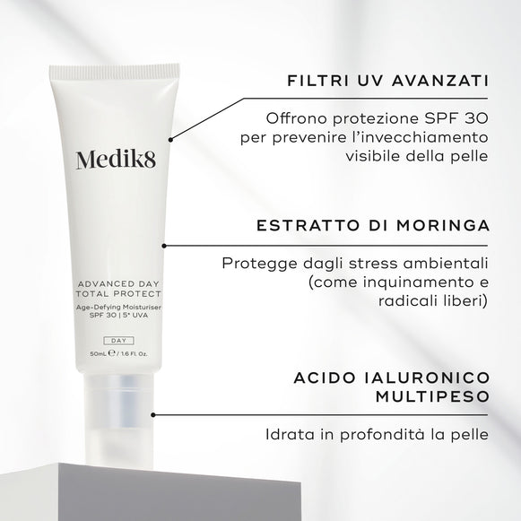 Prodotto Medik8 Advanced Day Total Protect con testo sui filtri UV avanzati e sugli ingredienti.-hover-30