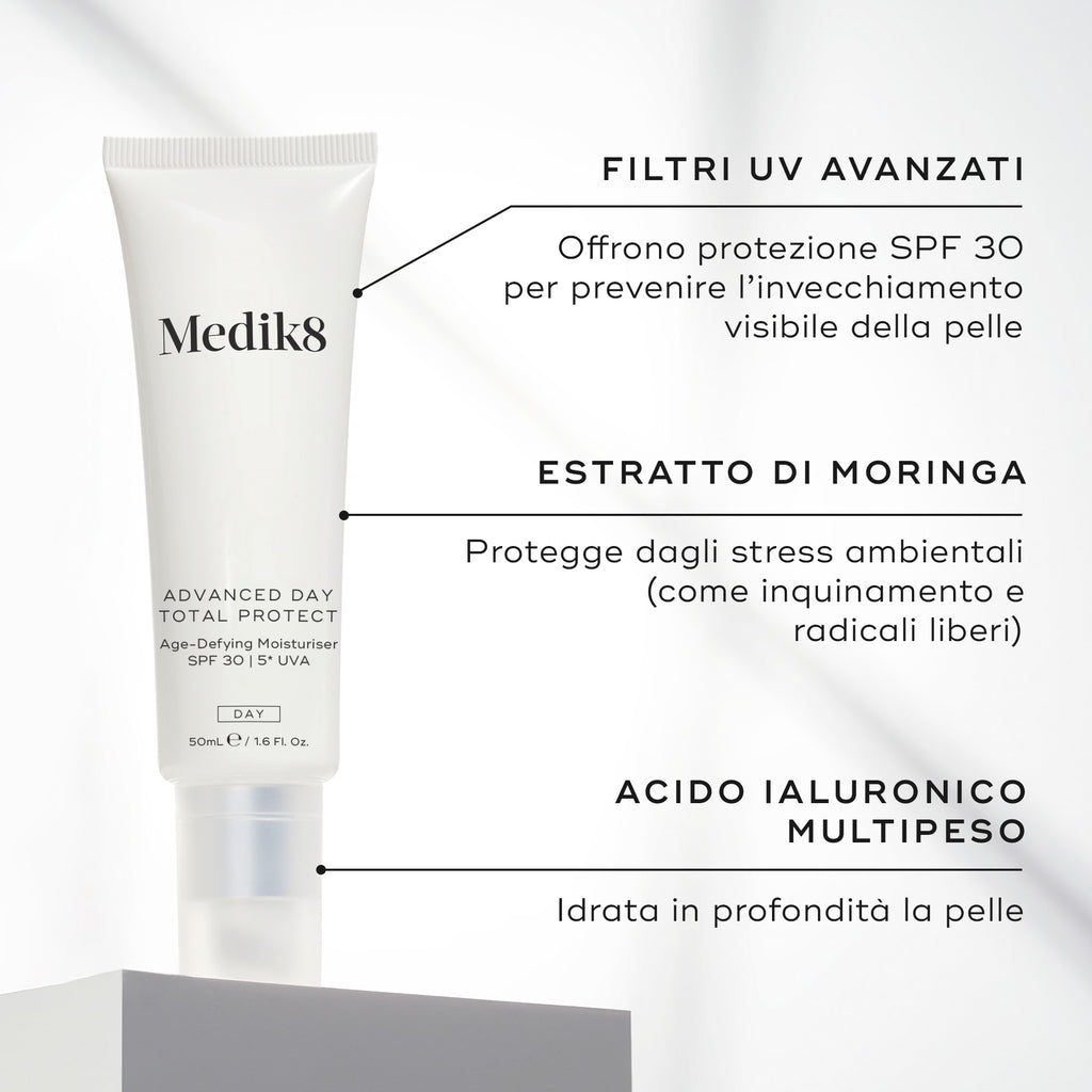 Prodotto Medik8 Advanced Day Total Protect con testo sui filtri UV avanzati e sugli ingredienti.