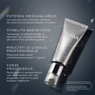 Un grafico per Medik8 Crystal Retinal 6 mostra il flacone argentato su sfondo scuro. Include quattro titoli: POTENZA INEGUAGLIABILE, STABILITÀ BREVETTATA, RISULTATI DI LIVELLO PROFESSIONALE e FORZE PROGRESSIVE. In basso a destra, piccolo testo bianco indica studi clinici e test di stabilità.