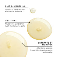 Tre gocce d’olio mostrano gli ingredienti chiave. Il testo evidenzia Olio di Cartamo per nutrire, Omega-6 per l’equilibrio lipidico e Estratto di Moringa per eliminare impurità e inquinamento.