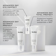 Prodotti skincare Medik8 con testo sulla linea Advanced Day Protection su sfondo bianco.