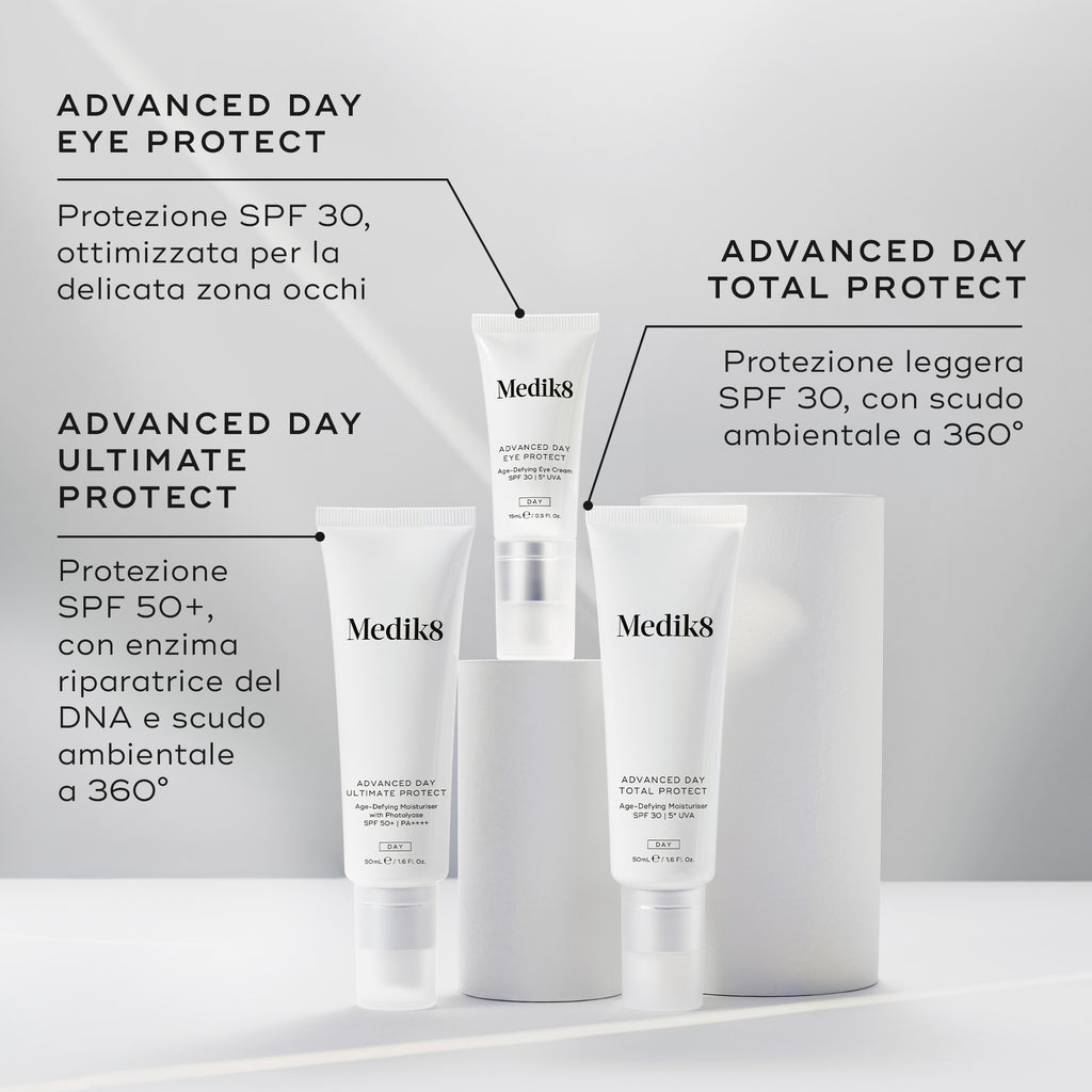 Linea di prodotti Medik8 Advanced Day Protect con testo sulla protezione avanzata diurna su sfondo bianco."