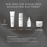 Anleitung zum Schichten mit vier Produkten auf dunkelgrauem Hintergrund: „SURFACE RADIANCE CLEANSER“, „PRESS & GLOW“, TARGET und VITAMIN A + MOISTURISER