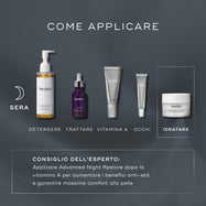 Un’infografica intitolata How To Layer illustra una routine skincare serale (PM) su uno sfondo scuro. Mostra i prodotti Medik8 per la detersione, il trattamento mirato, la vitamina A, il contorno occhi e l’idratazione con Advanced Night Restore, includendo consigli esperti sull’ordine di applicazione.