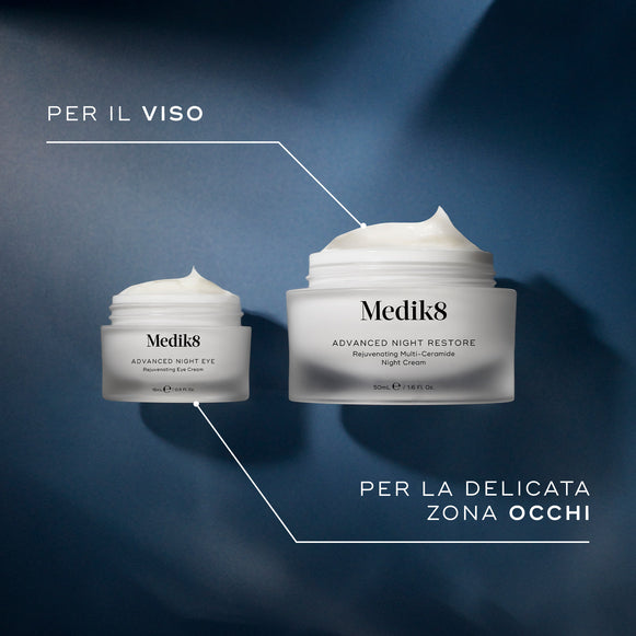 Due barattoli di crema skincare Medik8 su sfondo blu con testo che indica l’uso per viso e delicata area occhi.-hover-20