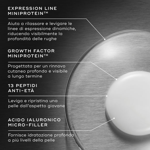 Primo piano della consistenza del Liquid Peptides Advanced MP con testi in evidenza che dettagliano gli ingredienti: EXPRESSION LINE MINIPROTEIN™, GROWTH FACTOR MINIPROTEIN, 13 PEPTIDI ANTI-ETÀ e ACIDO IALURONICO MICRO-FILLER.-hover-3