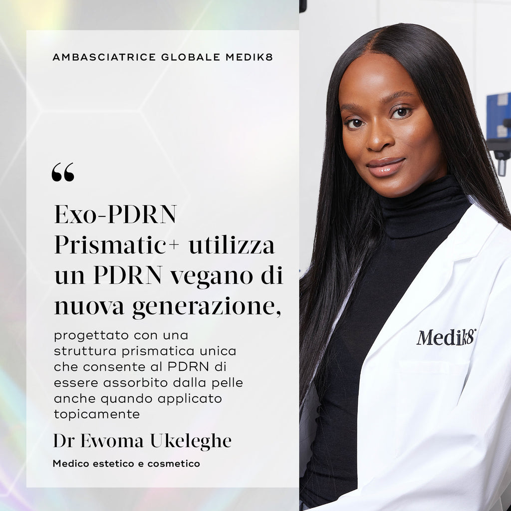 Un ritratto della Dr.ssa Ewoma Ukeleghe con il camice da laboratorio Medik8. Un pannello di testo su sfondo olografico chiaro recita "Medik8 Global Ambassador" e include la sua citazione: "Exo-PDRN Prismatic+ utilizza un PDRN vegano di nuova generazione, progettato con una struttura prismatica unica che consente al PDRN di essere assorbito dalla pelle anche se applicato topicamente." La dottoressa è indicata come Medico Estetico.