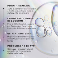 Grafica che evidenzia i componenti chiave di Medik8 Exo-PDRN Prismatic+, inclusi PDRN prismatico, complesso triplo di esosomi, MiniProteina del fattore di crescita e precursore di ATP.