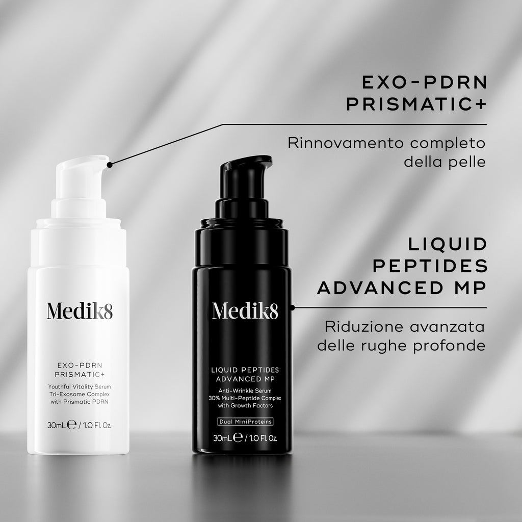 Siero Medik8 Exo-PDRN Prismatic+ mostrato insieme a Liquid Peptides Advanced MP come abbinamento di routine per la riduzione avanzata delle rughe profonde.