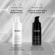 Siero Medik8 Exo-PDRN Prismatic+ mostrato insieme a Liquid Peptides Advanced MP come abbinamento di routine per la riduzione avanzata delle rughe profonde.