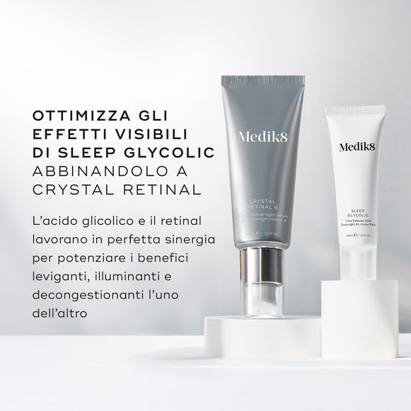 I flaconi Medik8 Crystal Retinal 6 e Sleep Glycolic si trovano affiancati su blocchi espositivi bianchi. Il testo in italiano consiglia di ottimizzare gli effetti visibili di Sleep Glycolic abbinandolo a Crystal Retinal, spiegando che l'acido glicolico e il retinal lavorano in perfetta sinergia per potenziare i reciproci benefici leviganti, illuminanti e decongestionanti.-hover-7