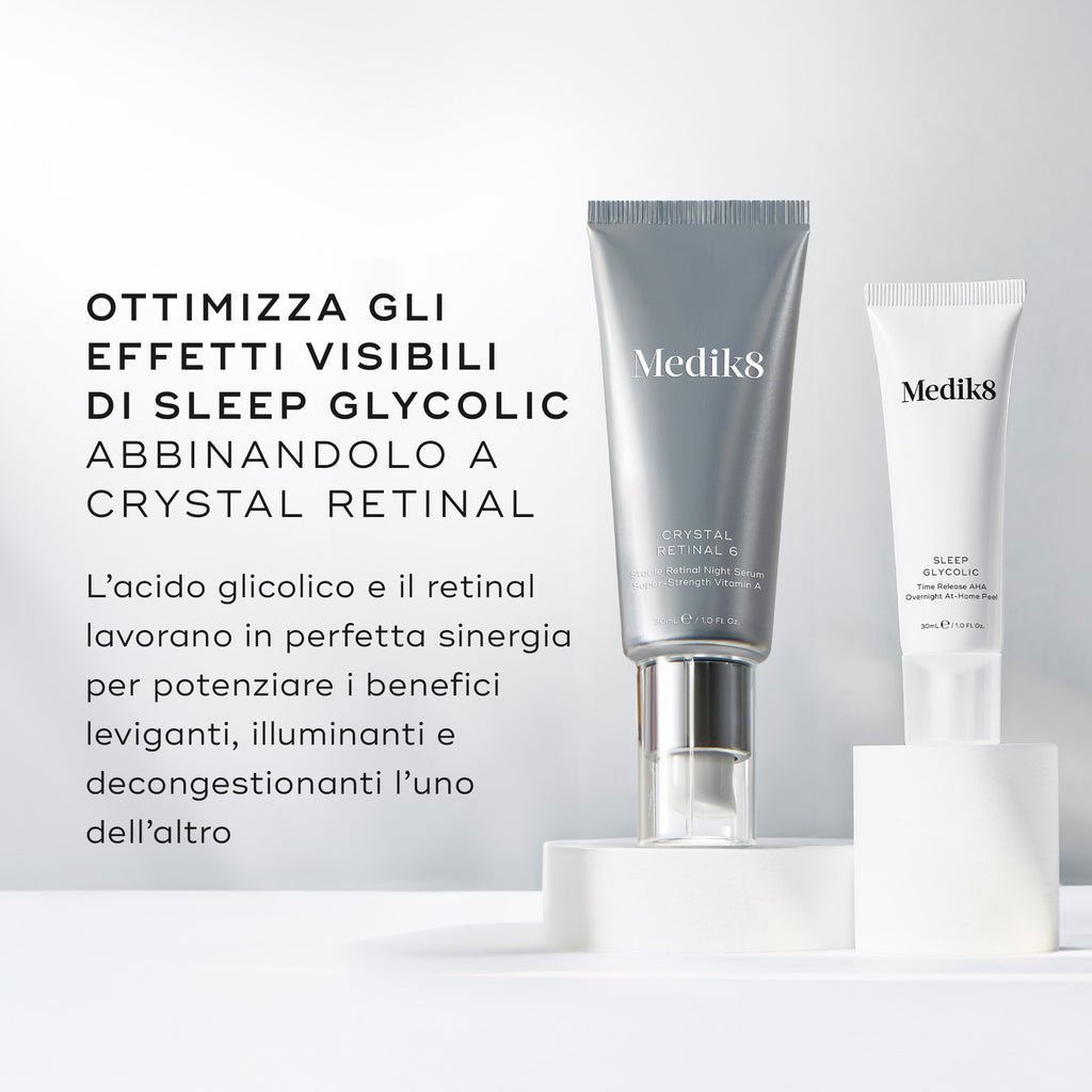 I flaconi Medik8 Crystal Retinal 6 e Sleep Glycolic si trovano affiancati su blocchi espositivi bianchi. Il testo in italiano consiglia di ottimizzare gli effetti visibili di Sleep Glycolic abbinandolo a Crystal Retinal, spiegando che l'acido glicolico e il retinal lavorano in perfetta sinergia per potenziare i reciproci benefici leviganti, illuminanti e decongestionanti.