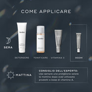 Un'infografica sulla routine serale di skincare. Mostra quattro prodotti Medik8 in ordine: Surface Radiance Cleanse (Detergere), Press & Glow (Tonificare), Crystal Retinal (Vitamina A) e Crystal Retinal Ceramide Eye (Occhi). Una nota "Mattina" consiglia di usare la protezione solare dopo la vitamina A.