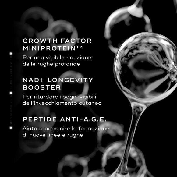 Gocce di liquido trasparente fluttuano su uno sfondo nero. Il testo evidenzia gli ingredienti chiave: Growth Factor MiniProtein per una visibile riduzione delle rughe profonde, NAD+ Longevity Booster per ritardare i segni dell'invecchiamento e Peptide Anti-A.G.E. per aiutare a prevenire nuove linee.-hover-1