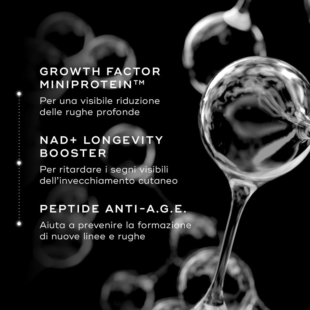 Gocce di liquido trasparente fluttuano su uno sfondo nero. Il testo evidenzia gli ingredienti chiave: Growth Factor MiniProtein per una visibile riduzione delle rughe profonde, NAD+ Longevity Booster per ritardare i segni dell'invecchiamento e Peptide Anti-A.G.E. per aiutare a prevenire nuove linee.