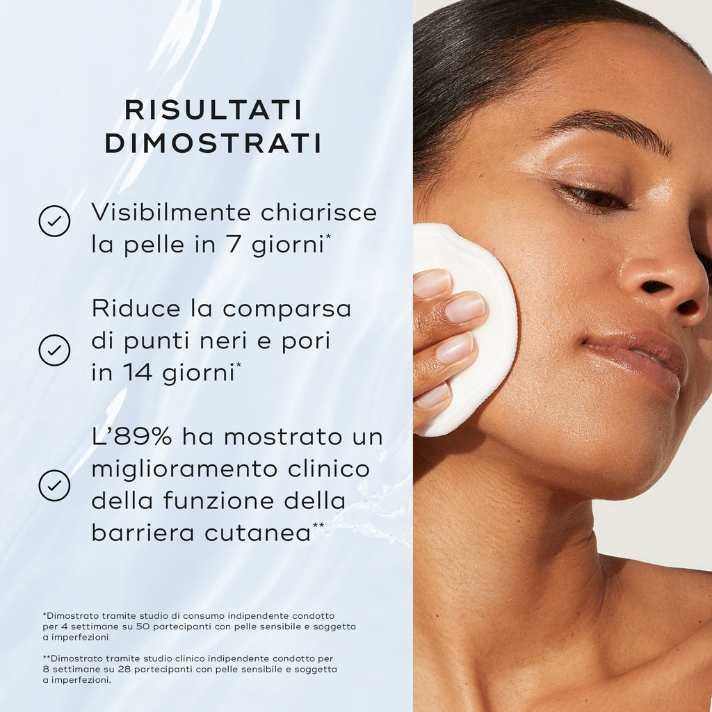 Primo piano di una modella che applica un dischetto di cotone sul viso su uno sfondo azzurro con texture ad acqua. Il testo in italiano evidenzia risultati dimostrati: pelle visibilmente più chiara in 7 giorni, riduzione della comparsa di punti neri e pori in 14 giorni, e l'89% ha mostrato un miglioramento clinico della funzione della barriera cutanea.