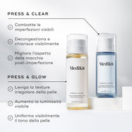 Immagine di confronto che mostra i flaconi Medik8 Press & Glow e Press & Clear affiancati su blocchi espositivi bianchi. Il testo in italiano confronta i loro benefici, notando che Press & Clear combatte le imperfezioni visibili, decongestiona e migliora l'aspetto delle macchie post-imperfezione, mentre Press & Glow leviga la texture irregolare, aumenta la luminosità e uniforma il tono della pelle.