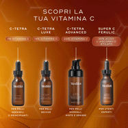 Una tabella intitolata "Scopri La Tua Vitamina C" confronta quattro flaconi di siero alla vitamina C Medik8 su un caldo sfondo arancione con motivi esagonali. Il testo in italiano descrive C-Tetra (7% vitamina C) per pelli sensibili o principianti, C-Tetra Luxe (14% vitamina C) per pelli secche, C-Tetra Advanced (20% vitamina C) per pelli normali, miste e grasse, e Super C Ferulic (30% Acido L-Ascorbico Etilato) per utenti esperti.
