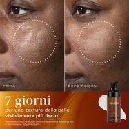Confronto prima e dopo della pelle di una partecipante nell'arco di 7 giorni, con un focus sulla zona della guancia. Il testo afferma una texture della pelle visibilmente più liscia dopo l'utilizzo del siero Medik8 C-Tetra Advanced mostrato in basso.
