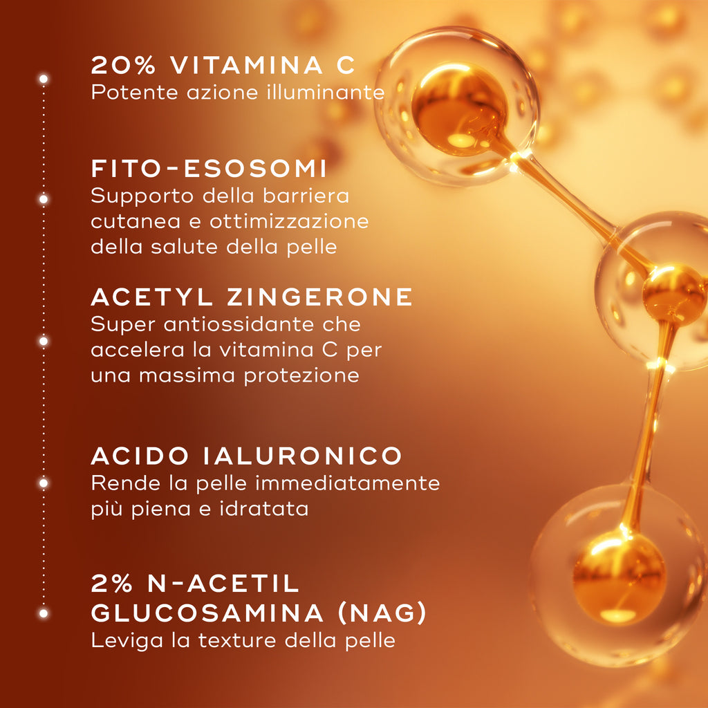 Strutture molecolari dorate fluttuano su un caldo sfondo sfumato. Il testo mette in evidenza il 20% di vitamina C per l'azione illuminante, i fito-esosomi per il supporto della barriera cutanea, l'Acetyl Zingerone come super antiossidante, l'acido ialuronico per l'idratazione e il 2% di NAG per levigare la texture.