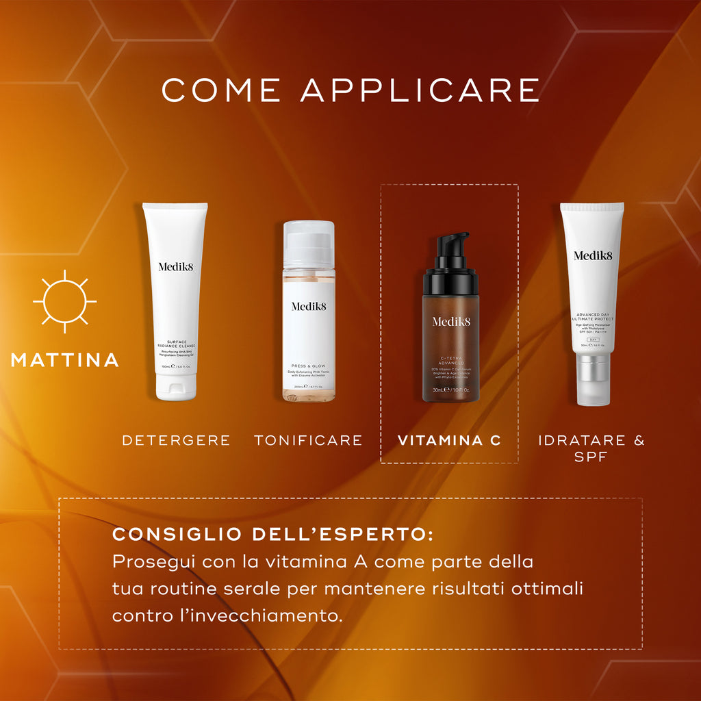 Lo schema guida mostra una routine di cura della pelle mattutina su uno sfondo arancione. Il flacone di siero Medik8 C-Tetra Advanced è evidenziato come fase della vitamina C, dopo la detersione e la tonificazione, e prima dell'idratante con SPF. Il testo include un consiglio dell'esperto per proseguire con la vitamina A la sera.