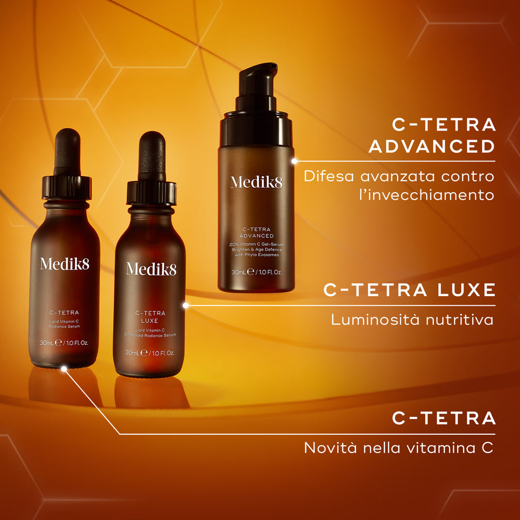 I flaconi di siero Medik8 C-Tetra, C-Tetra Luxe e C-Tetra Advanced si ergono contro un caldo sfondo arancione con motivi esagonali. Il testo evidenzia C-Tetra Advanced per una difesa avanzata contro l'invecchiamento, C-Tetra Luxe per una luminosità nutritiva e C-Tetra come novità nella vitamina C.